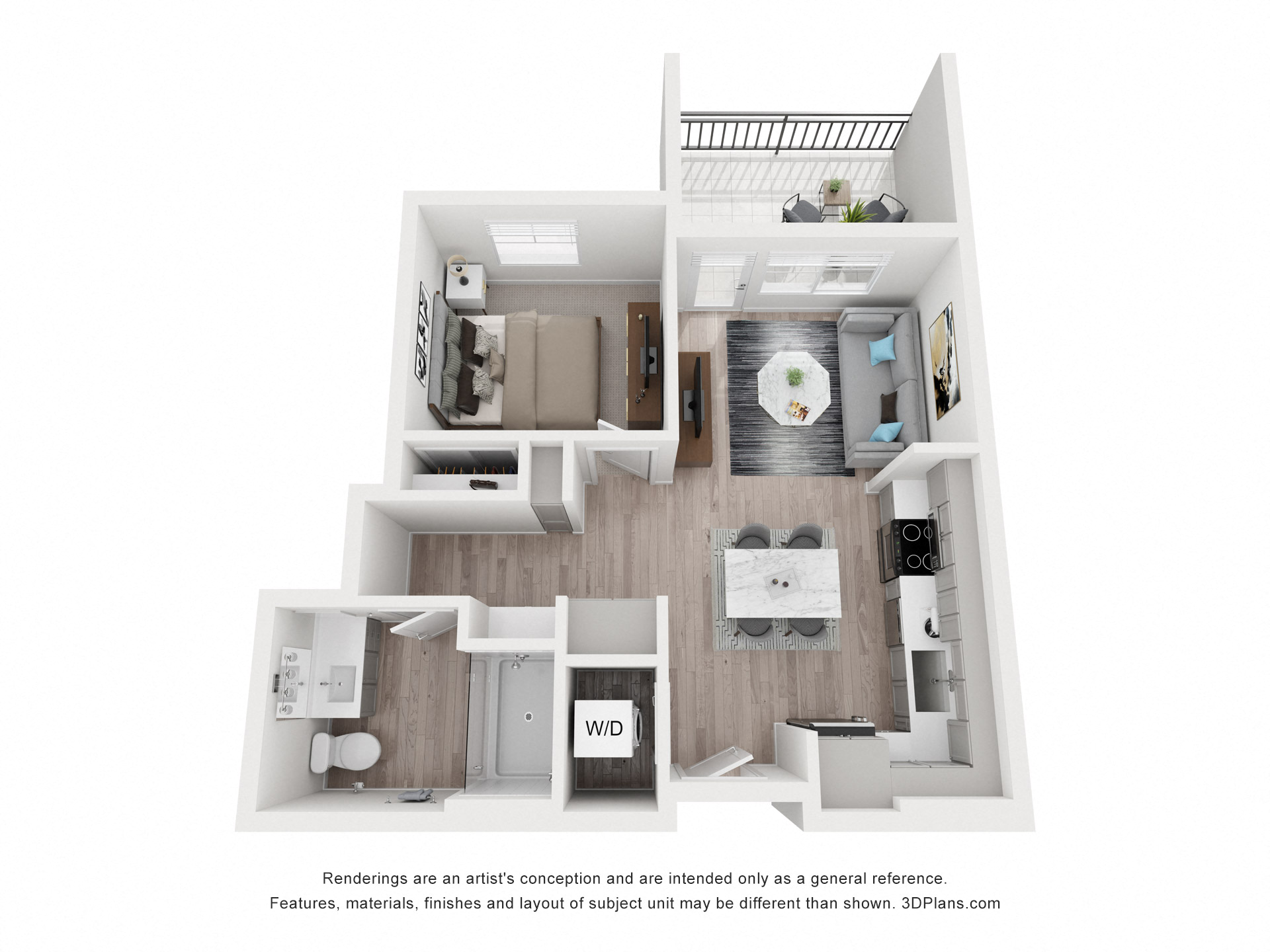 Floor plan for 1 bed, 1 bath, 718 sqft
